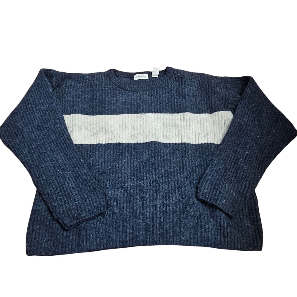St Johns Bay Mens XL Lambswool Blend Ribbed Crewneck Sweater Gray Cream Stripe